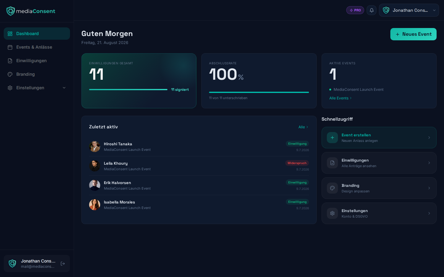 Dashboard-Übersicht mit Kennzahlen, Aktivitäts-Feed und Schnellzugriff