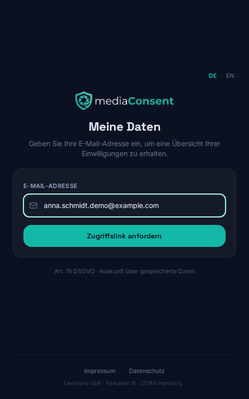 Formular der Selbstauskunftsseite mit E-Mail-Eingabefeld