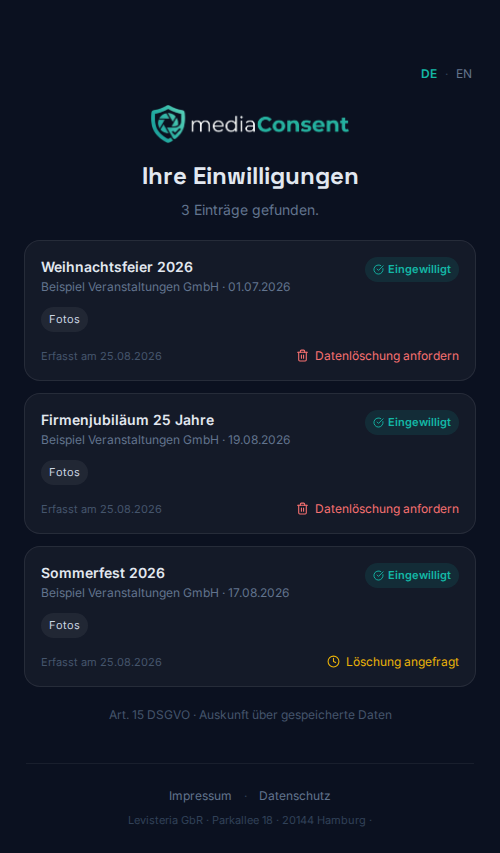 Ergebnisliste der Selbstauskunft mit Status, Optionen und "Datenlöschung anfordern"-Button