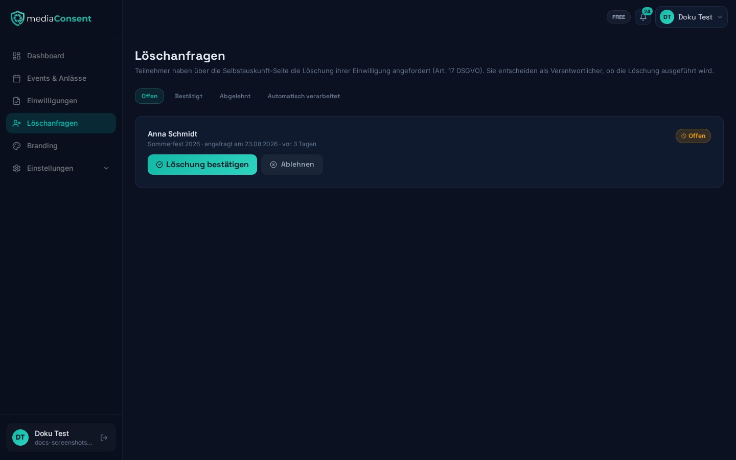 Liste offener Löschanfragen mit den Aktionen "Löschung bestätigen" und "Ablehnen"