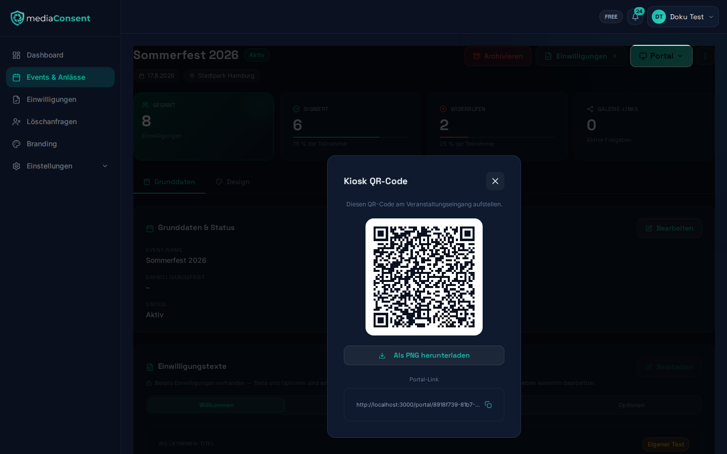 Kiosk-QR-Code-Fenster mit dem Button "Als PNG herunterladen"