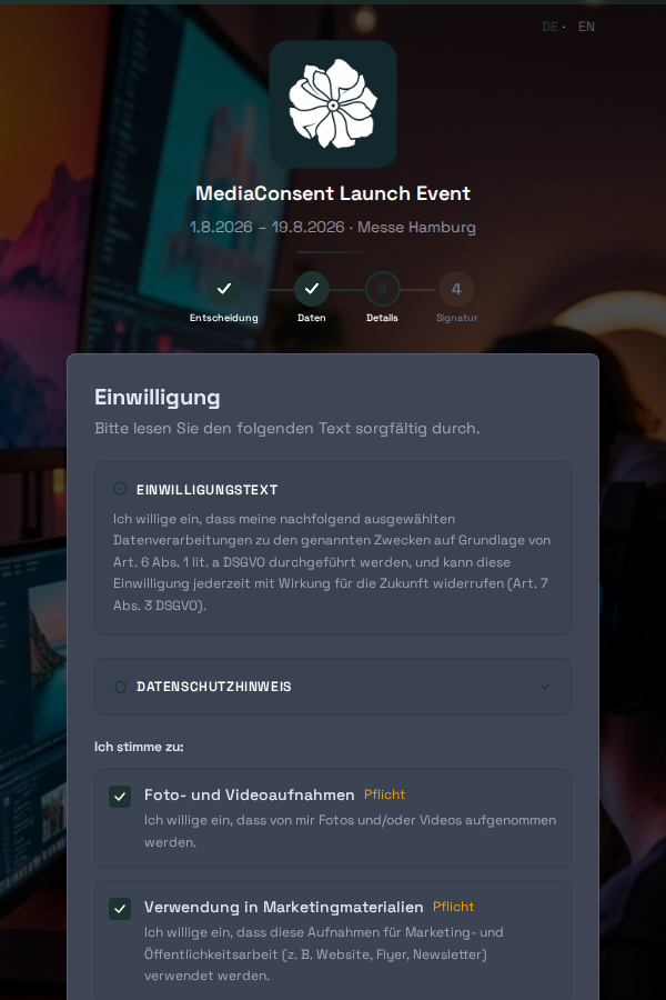 Schritt 3 im Portal: Einwilligungstext mit den einzelnen Optionen