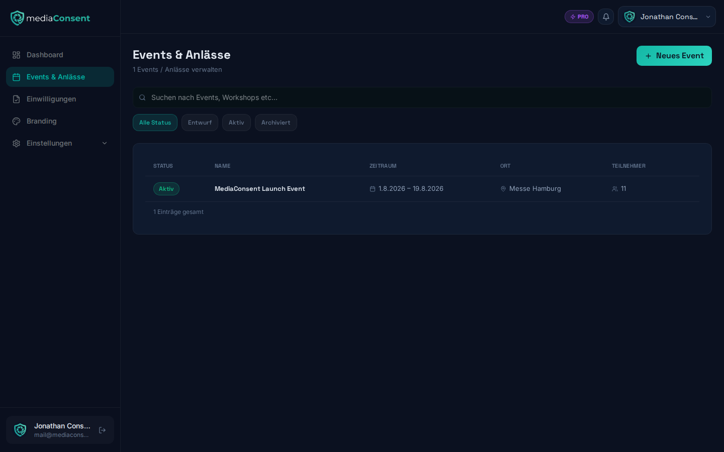 Events overview with a list of all events