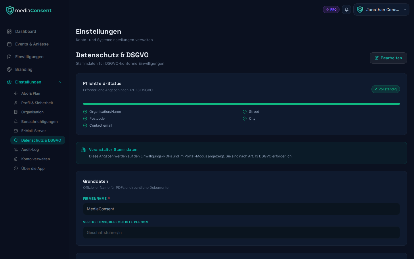 Privacy settings page with a progress bar for required fields