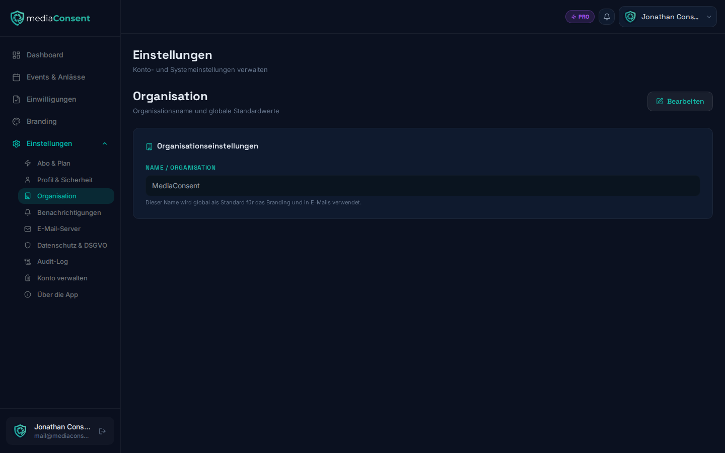 Organization settings page